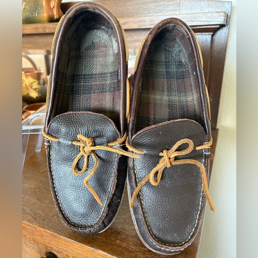 LLBEAN Men’s Size 11 Handsewn Flannel Lined Brown Leather Slippers Moccasins - Picture 5 of 13